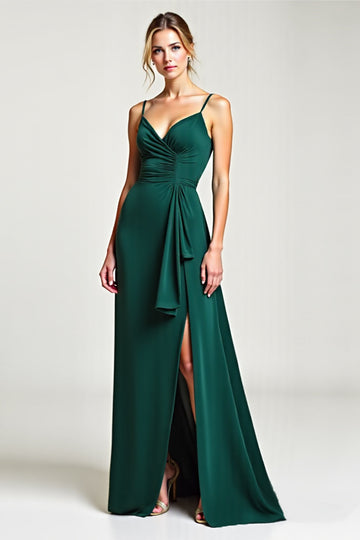 Chiffon Spaghetti Straps Pine Bridesmaid Dress with Slit